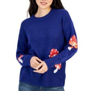 Hooked Up by IOT Juniors Printed Crewneck Sweater Bright Cobalt blue Mushroom Sm